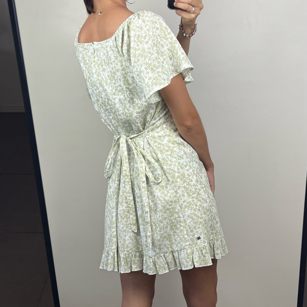 Ghanda Field Mini Dress Green White Floral Back Waist Tie Frill Hem Boho Size M - Picture 6 of 14